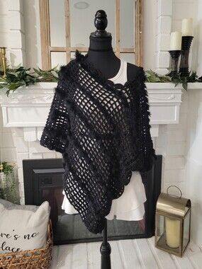 Whimsigoth Black Open-Knit Crochet Fuzzy Poncho One Size
